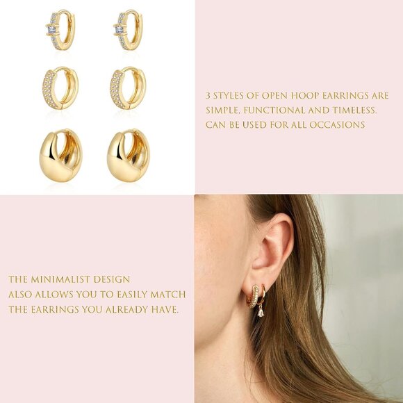 Gold Hoop Earrings Set for Women Trendy, 14K Gold Plated - Picture 5 of 8